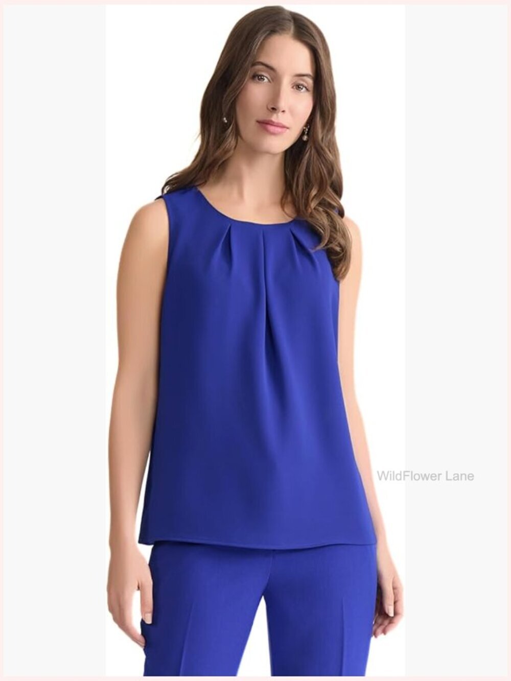 Sleeveless Pleated Neck Top - Regular Fit Crew Neck